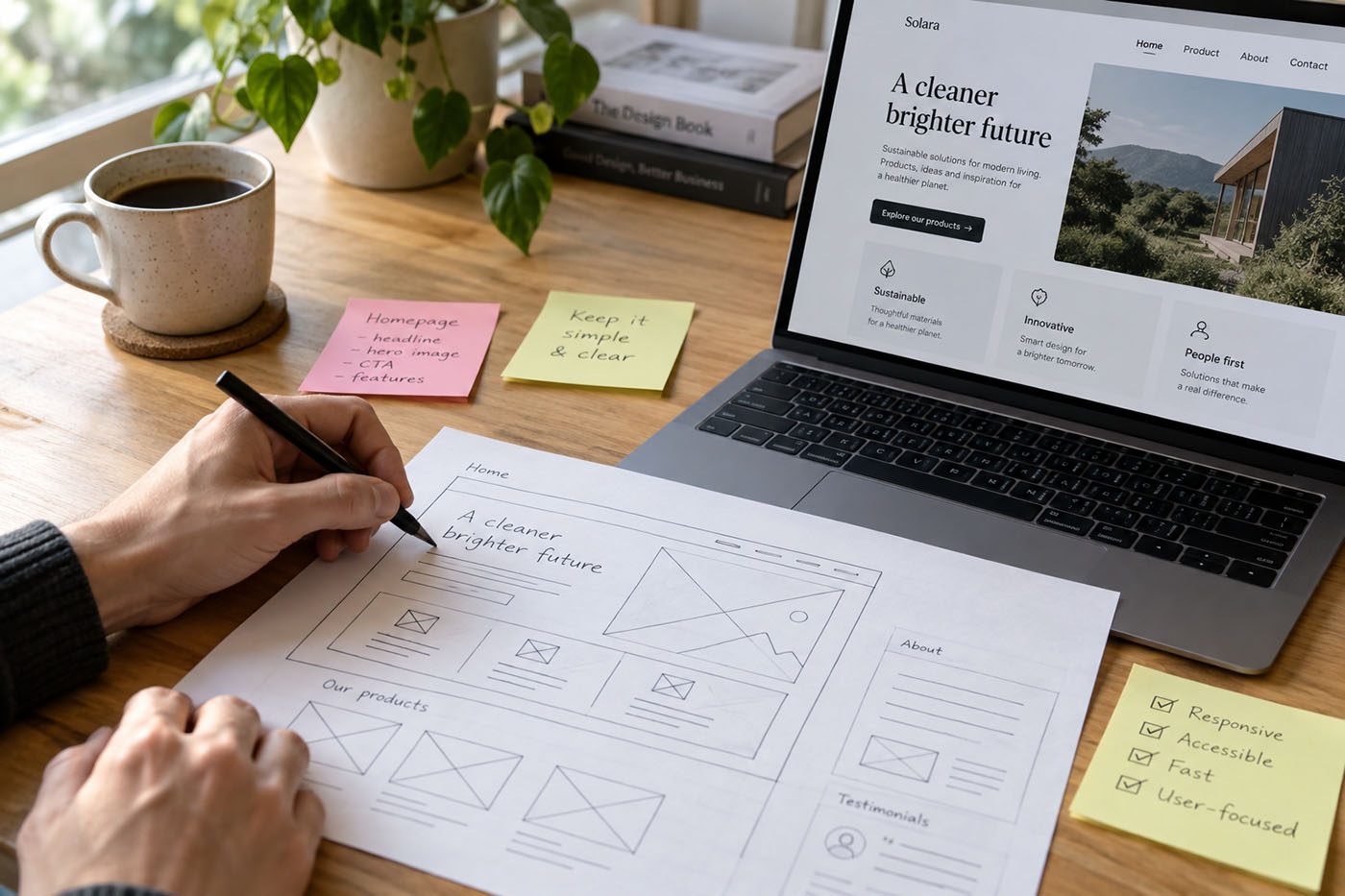 Designer sketching a website wireframe on paper beside a laptop showing the layout