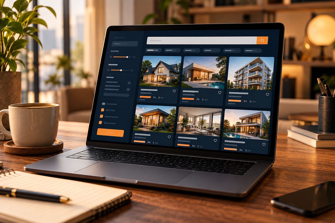OpenMarket marketplace platform showing a property listing grid with search and filters on a laptop