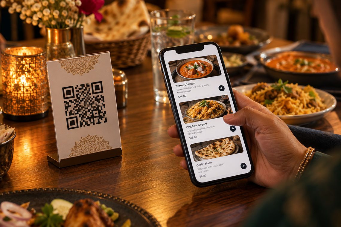 QR code digital menu on a restaurant table with the online ordering menu open on a phone