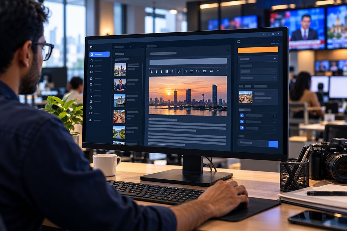 OpenPress news publishing CMS article editor open on a monitor in a newsroom