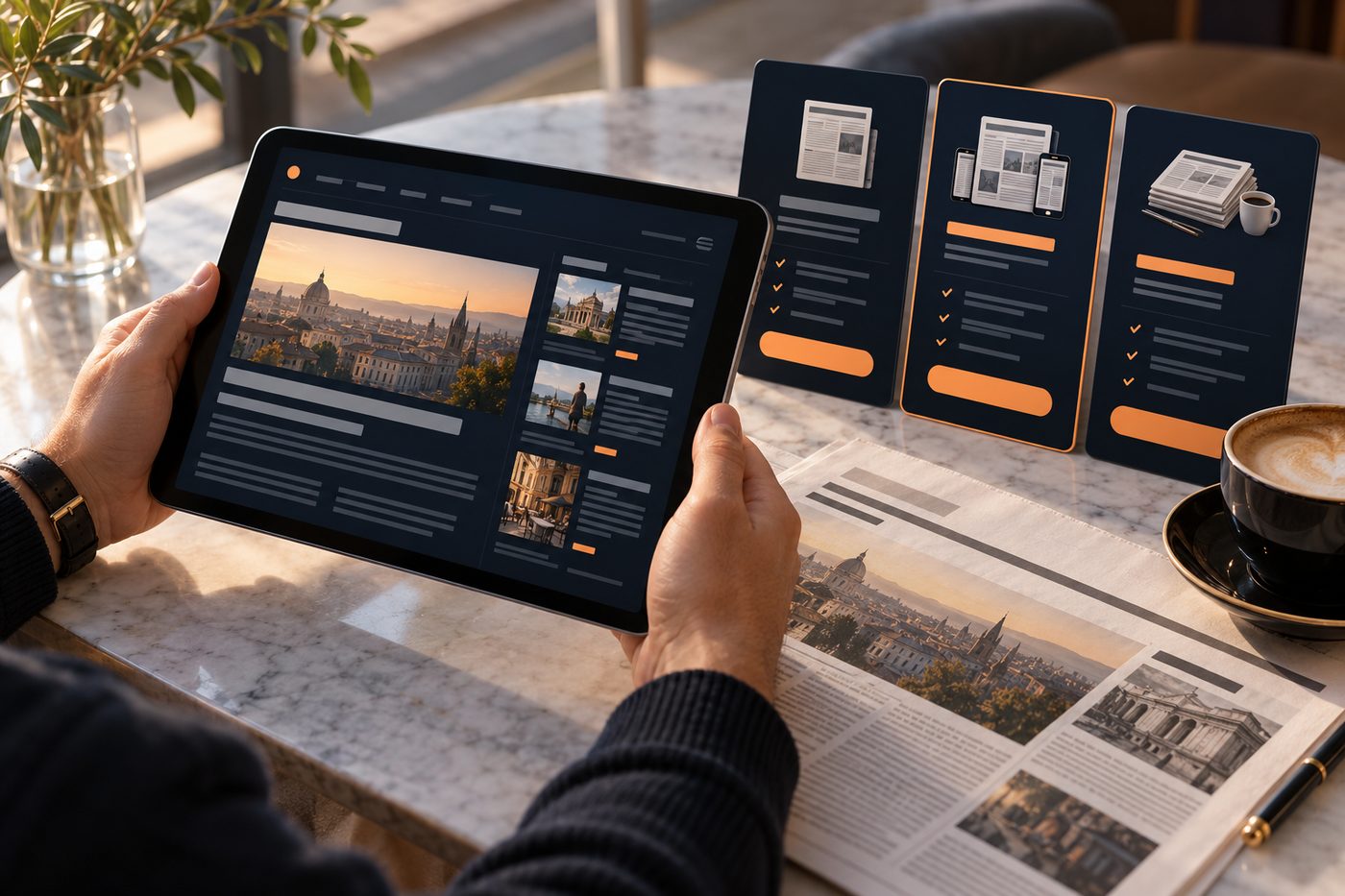OpenSubscribe e-paper edition open on a tablet beside digital subscription plan options