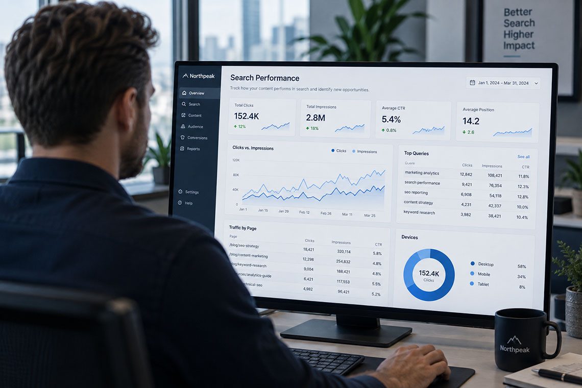 SEO specialist reviewing a search performance dashboard showing clicks, impressions and top keyword queries