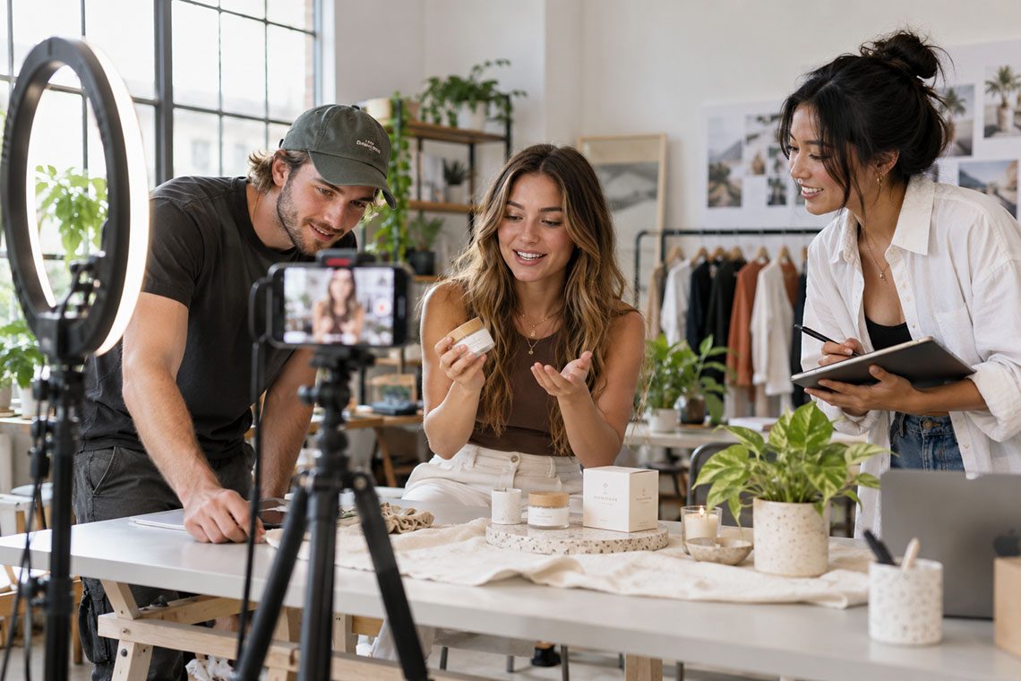 Social media content production team filming a product video with a ring light and phone