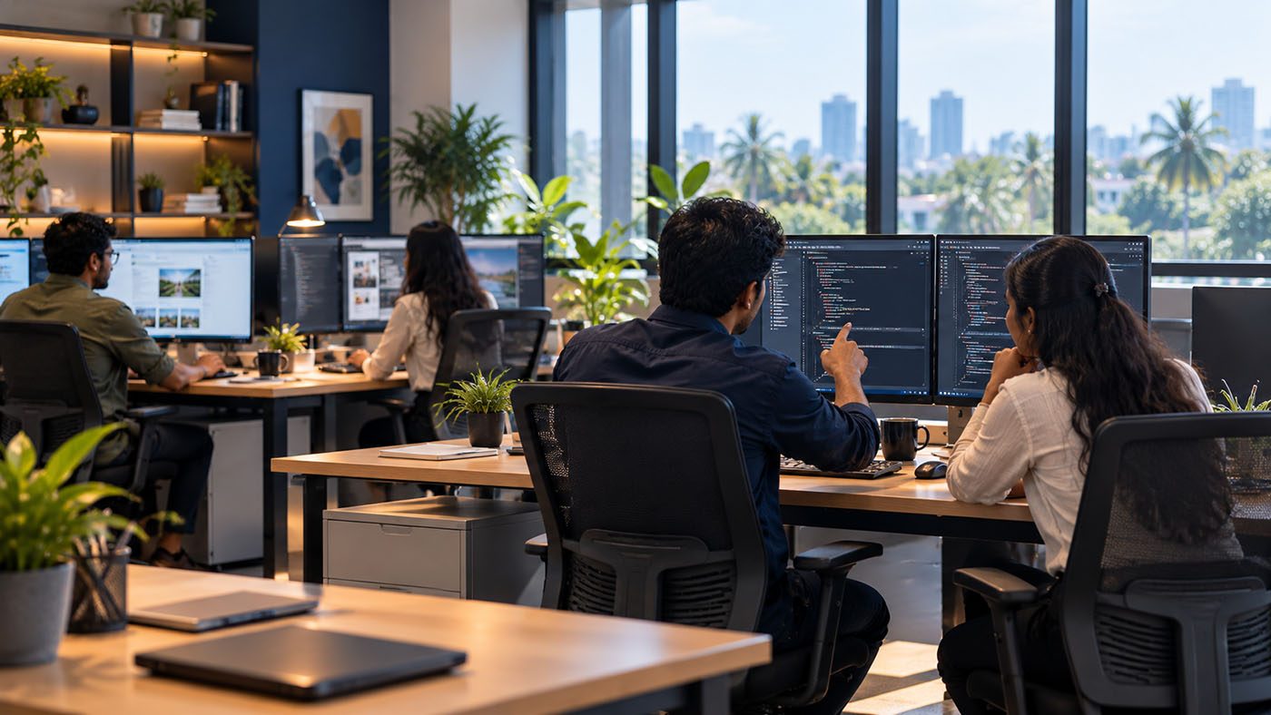 Software development team working at desks in a bright open-plan office