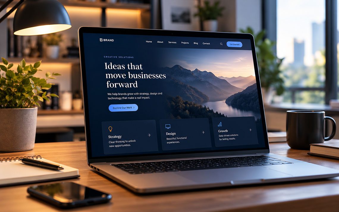 Responsive business website design displayed on a laptop in an office workspace